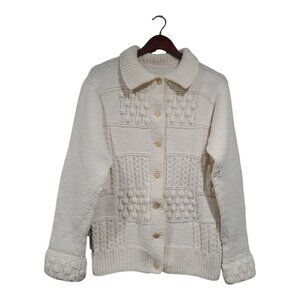 Hand-Knit Wool Cable Knit Button-Down Sweater Cardigan Cream Collared Size M/L